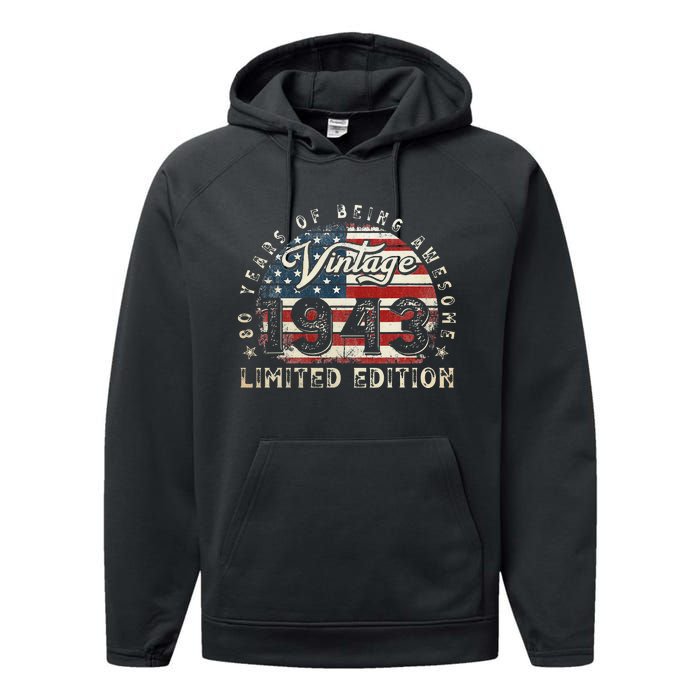 80 Year Old Gifts Vintage 1943 American Flag 80th Birthday Performance Fleece Hoodie