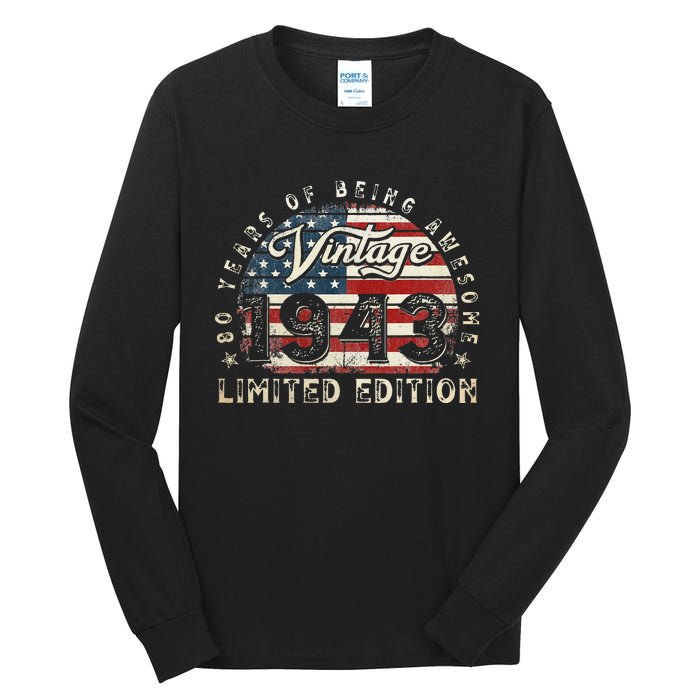 80 Year Old Gifts Vintage 1943 American Flag 80th Birthday Tall Long Sleeve T-Shirt