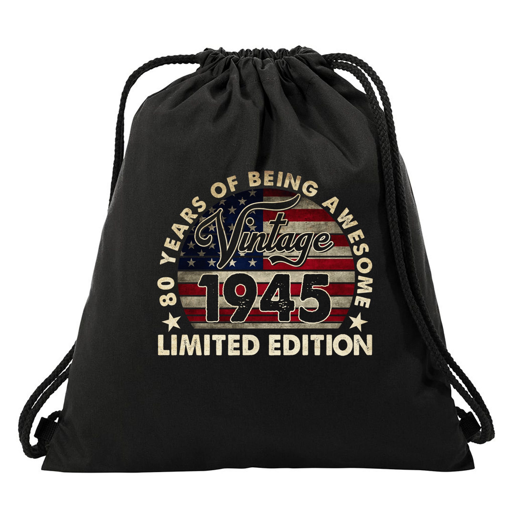 80 Years Old Vintage 1945 80th Birthday American Flag Drawstring Bag