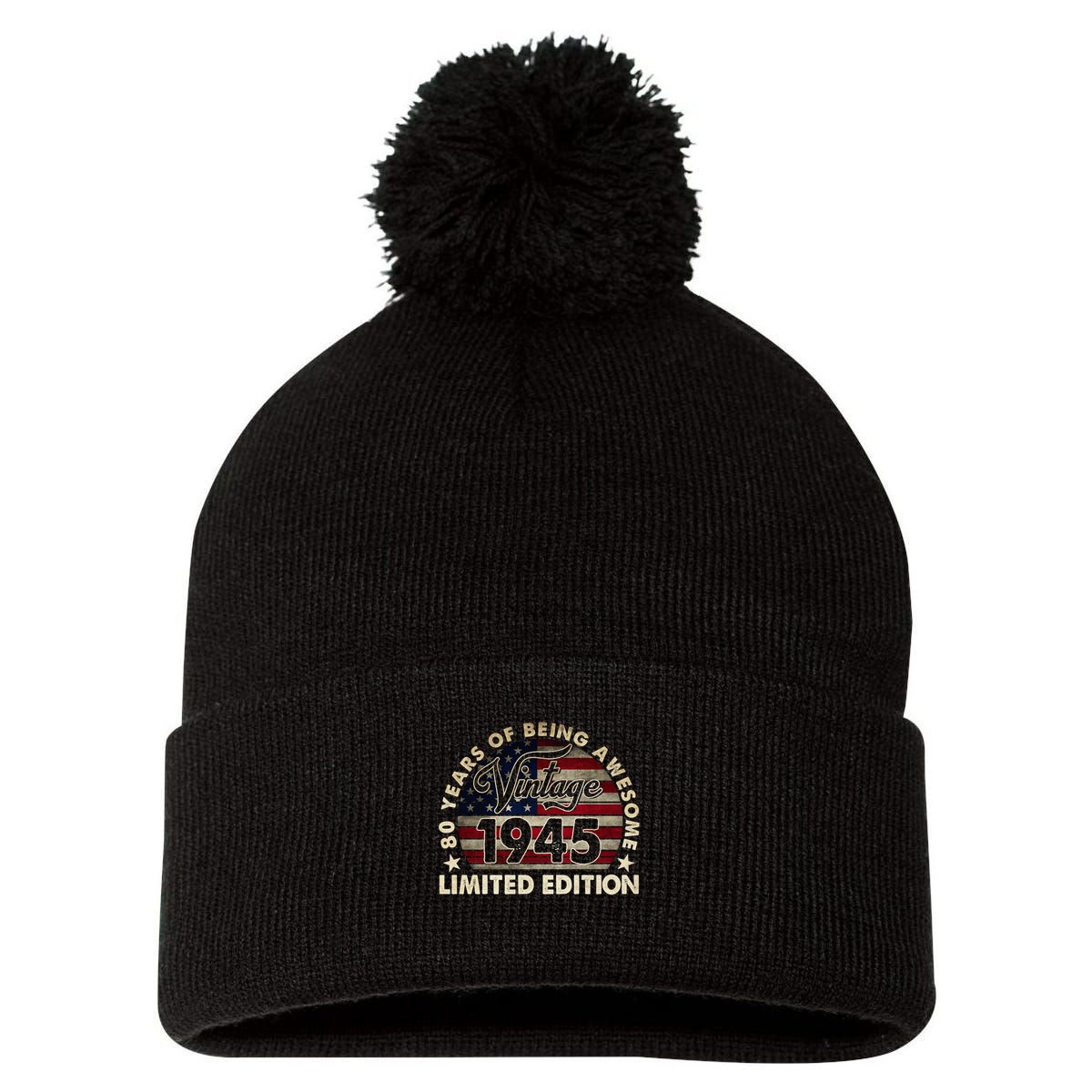 80 Years Old Vintage 1945 80th Birthday American Flag Pom Pom 12in Knit Beanie