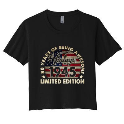 80 Years Old Vintage 1945 80th Birthday American Flag Women's Crop Top Tee