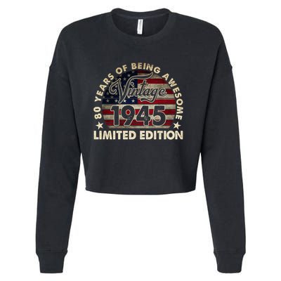 80 Years Old Vintage 1945 80th Birthday American Flag Cropped Pullover Crew