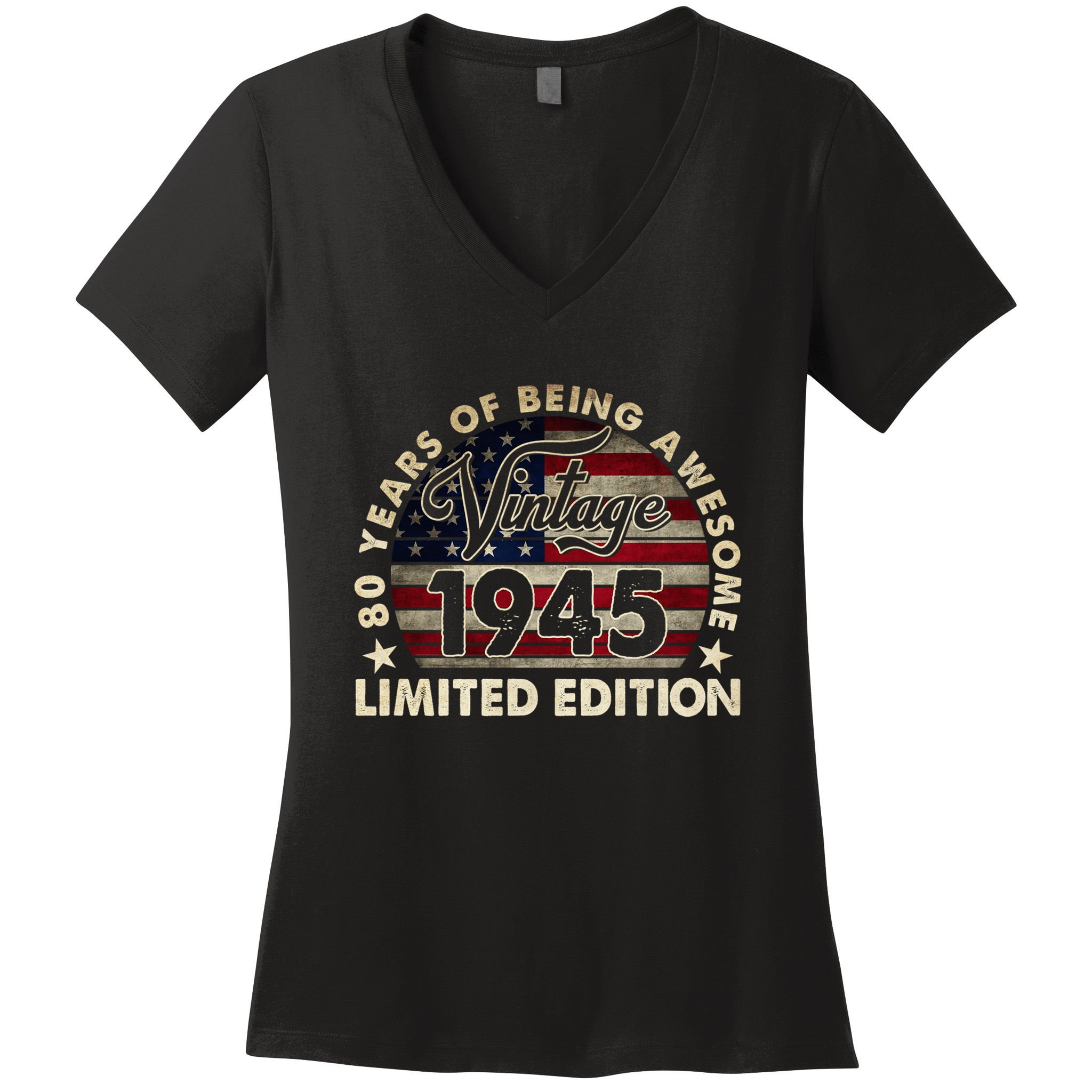 80 Years Old Vintage 1945 80th Birthday American Flag Women's V-Neck T-Shirt