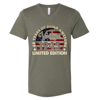 80 Years Old Vintage 1945 80th Birthday American Flag V-Neck T-Shirt