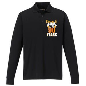 90th Birthday Cheers & Beers To 90 Years Performance Long Sleeve Polo