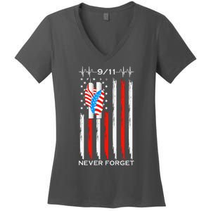 9 11 Never Forget, 9 11 Memorial Twin Tower Heartbeat, USA Flag Graphic Women's V-Neck T-Shirt