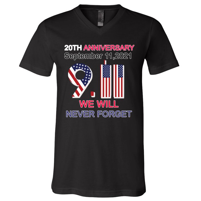 9/11 20th Anniversary We Will Never Forget V-Neck T-Shirt