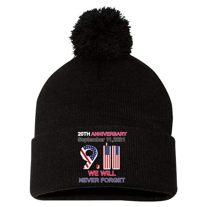 9/11 20th Anniversary We Will Never Forget Pom Pom 12in Knit Beanie