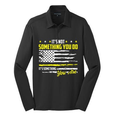 911 American Flag Dispatcher USA Thin Gold Line Operator Silk Touch Performance Long Sleeve Polo