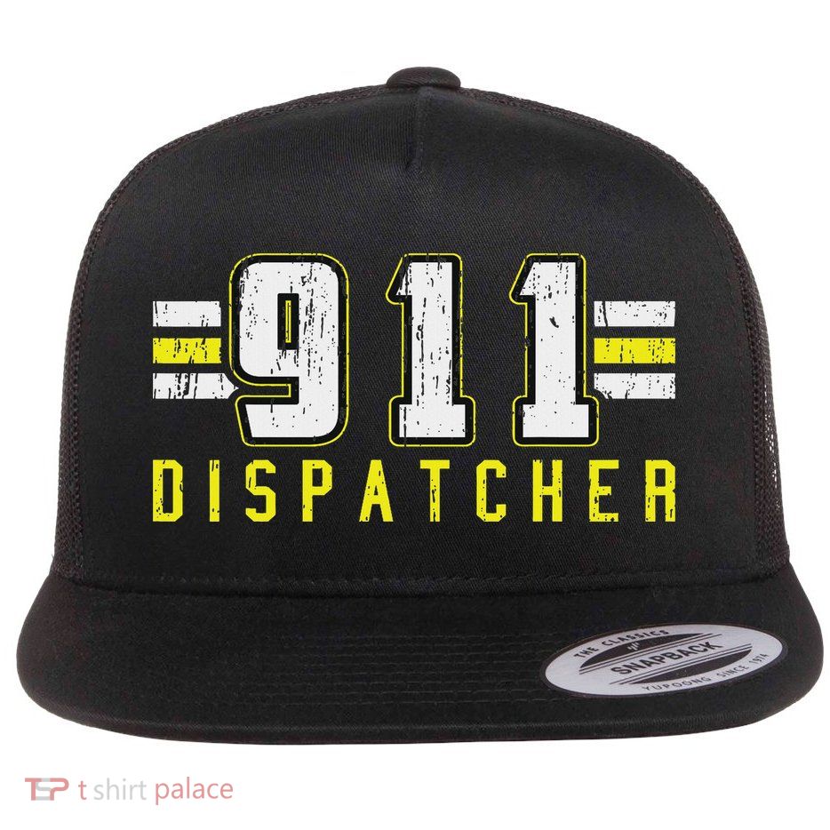 911 American Flag Dispatcher Thin Gold Line Operator Flat Bill Trucker Hat