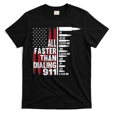 911 All Faster Than Dialing American Flag Gun T-Shirt