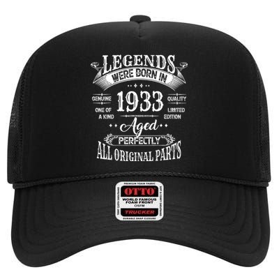 91st Birthday 91 Years Old Vintage Legends Born In 1933 High Crown Mesh Back Trucker Hat