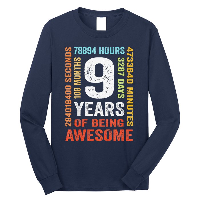 9th Birthday 9 Years Old Vintage Retro 108 Months Boy Girl Long Sleeve Shirt