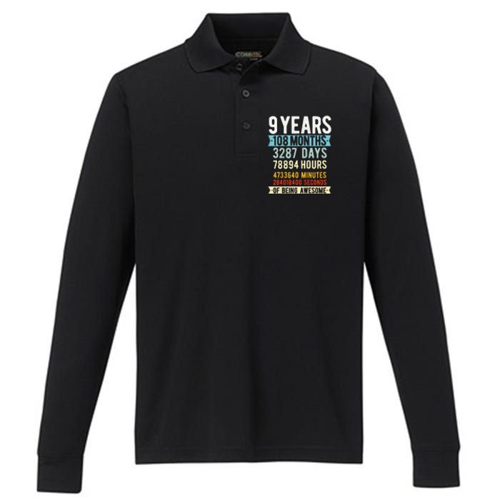 9th Birthday 9 Years Old Vintage Retro 108 Months Funny Performance Long Sleeve Polo