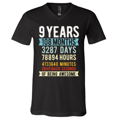 9th Birthday 9 Years Old Vintage Retro 108 Months Funny V-Neck T-Shirt