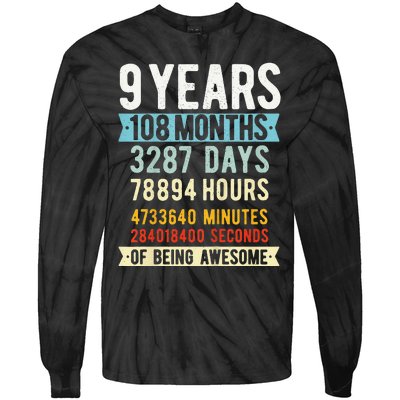 9th Birthday 9 Years Old Vintage Retro 108 Months Funny Tie-Dye Long Sleeve Shirt