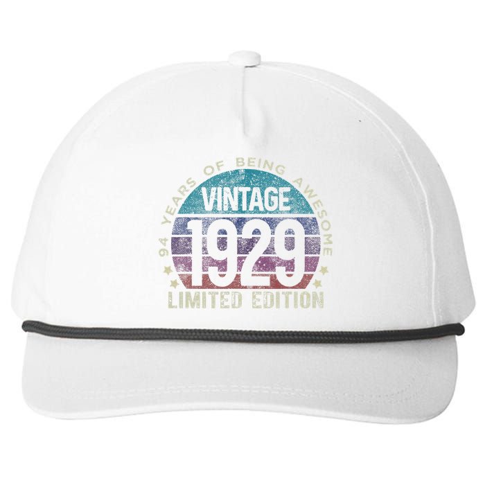 94th Birthday 94 Year Old Gifts Vintage 1929 Limited Edition Snapback Five-Panel Rope Hat