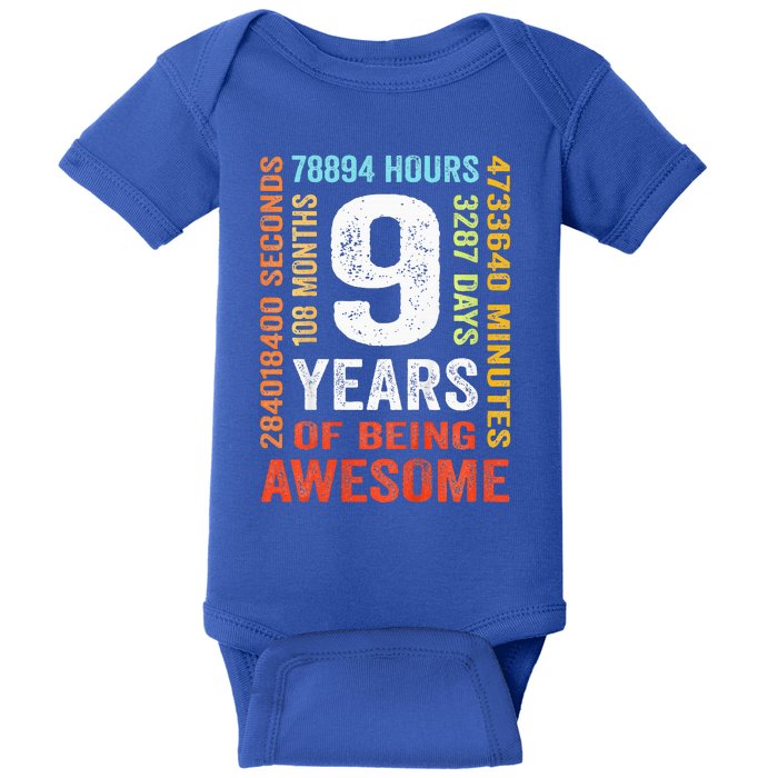 9th Birthday 9 Years Old Vintage Retro 108 Months Baby Bodysuit