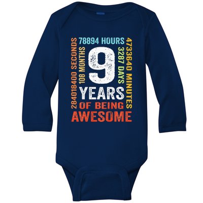 9th Birthday 9 Years Old Vintage Retro 108 Months Baby Long Sleeve Bodysuit