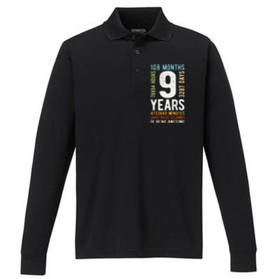 9th Birthday 9 Years Old Vintage Retro 108 Months Performance Long Sleeve Polo