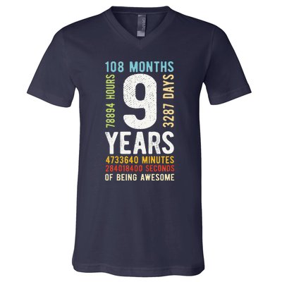 9th Birthday 9 Years Old Vintage Retro 108 Months V-Neck T-Shirt