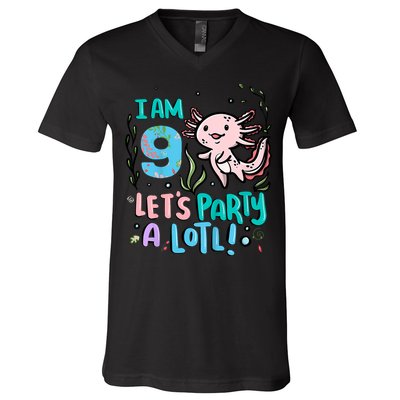 9th Birthday Axolotl - I Am 9 Let's Party A Lotl V-Neck T-Shirt
