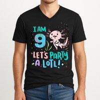 9th Birthday Axolotl - I Am 9 Let's Party A Lotl V-Neck T-Shirt