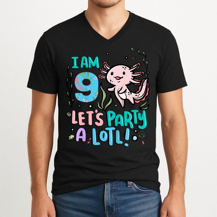 9th Birthday Axolotl - I Am 9 Let's Party A Lotl V-Neck T-Shirt
