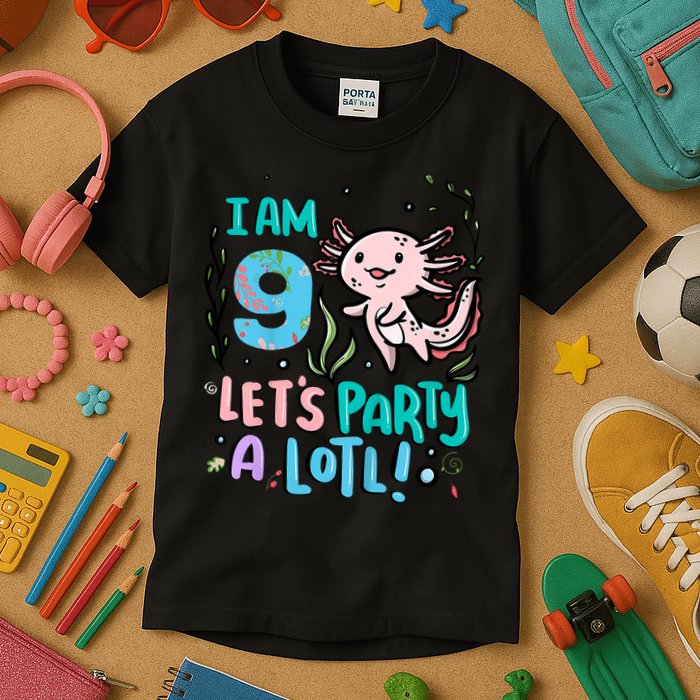 9th Birthday Axolotl - I Am 9 Let's Party A Lotl Kids T-Shirt