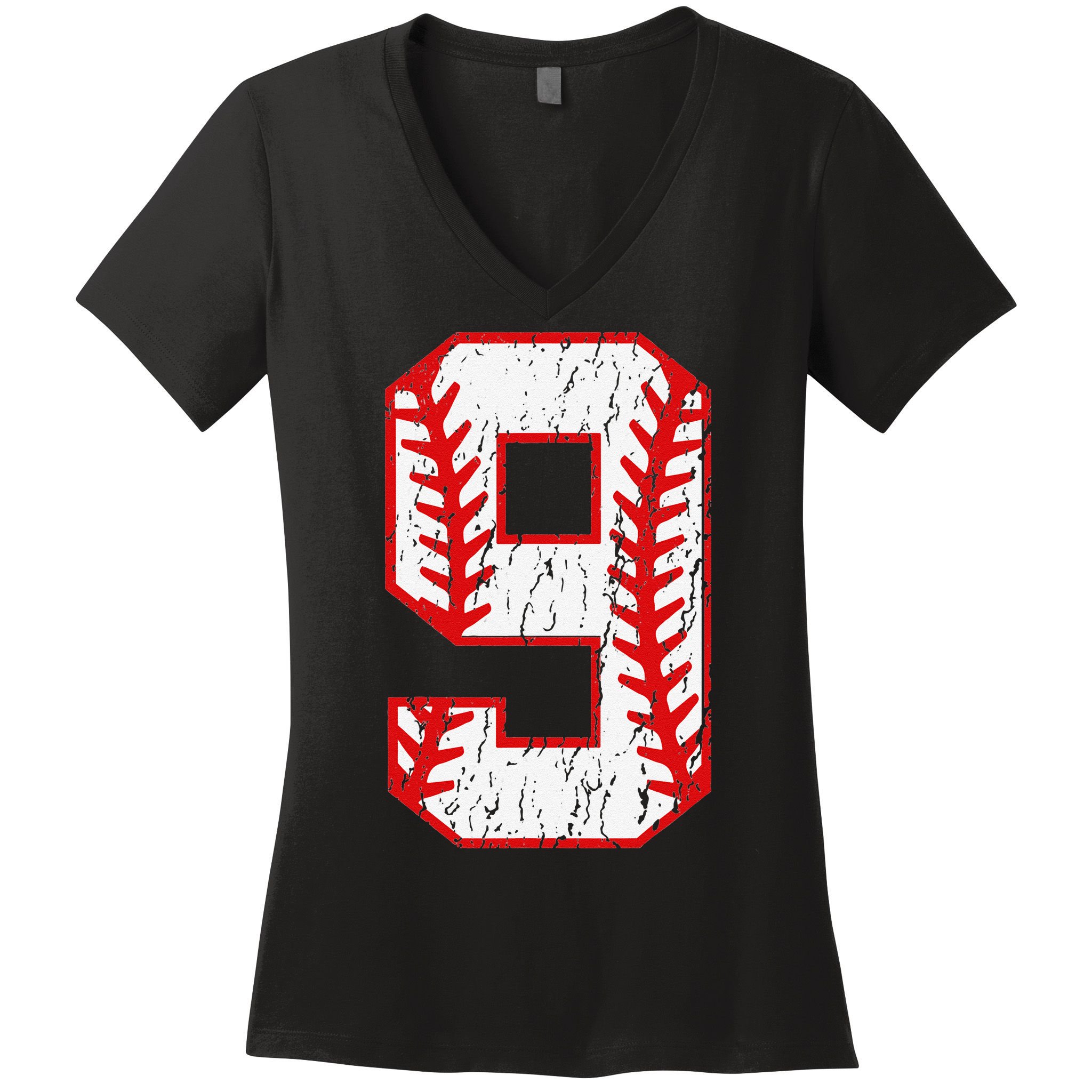 9th Birthday Baseball Big Number Nine 9 Year Old Women's V-Neck T-Shirt
