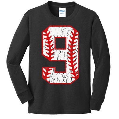 9th Birthday Baseball Big Number Nine 9 Year Old Kids Long Sleeve Shirt