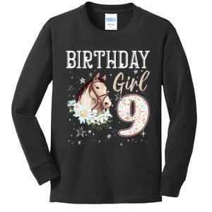 9th Birthday Bday 9 Year Old Horse Animal Lovers Kids Long Sleeve Shirt