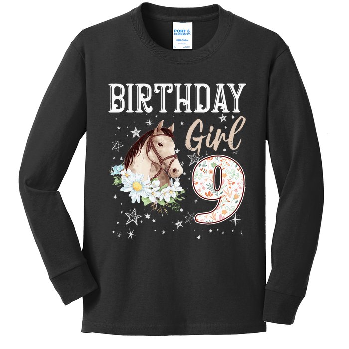 9th Birthday Bday 9 Year Old Horse Animal Lovers Kids Long Sleeve Shirt