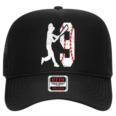 9th Birthday Baseball Big Number Nine 9 Year Old High Crown Mesh Back Trucker Hat