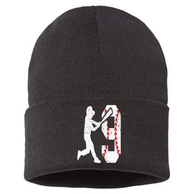 9th Birthday Baseball Big Number Nine 9 Year Old Sustainable Knit Beanie