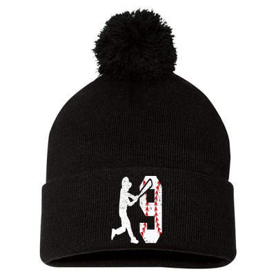 9th Birthday Baseball Big Number Nine 9 Year Old Pom Pom 12in Knit Beanie