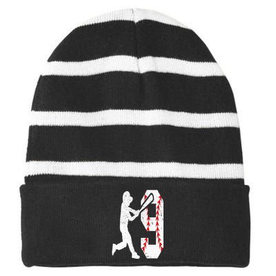 9th Birthday Baseball Big Number Nine 9 Year Old Striped Beanie with Solid Band