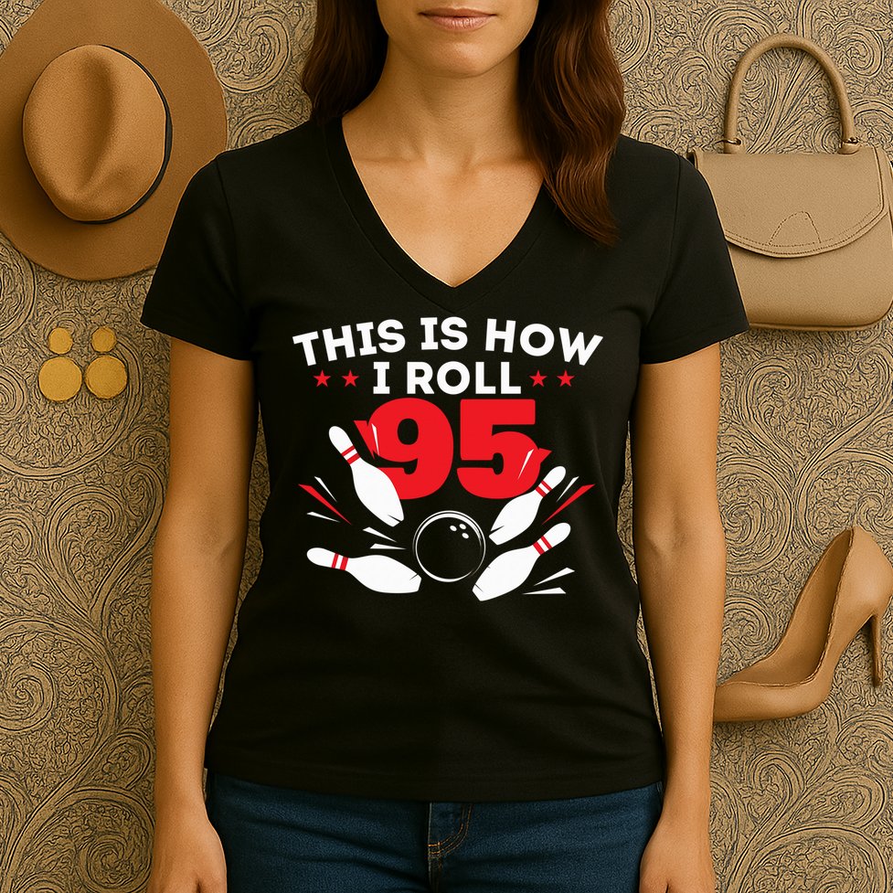 95th Birthday Bowling Lover 95 Years Old Bday Women's V-Neck T-Shirt