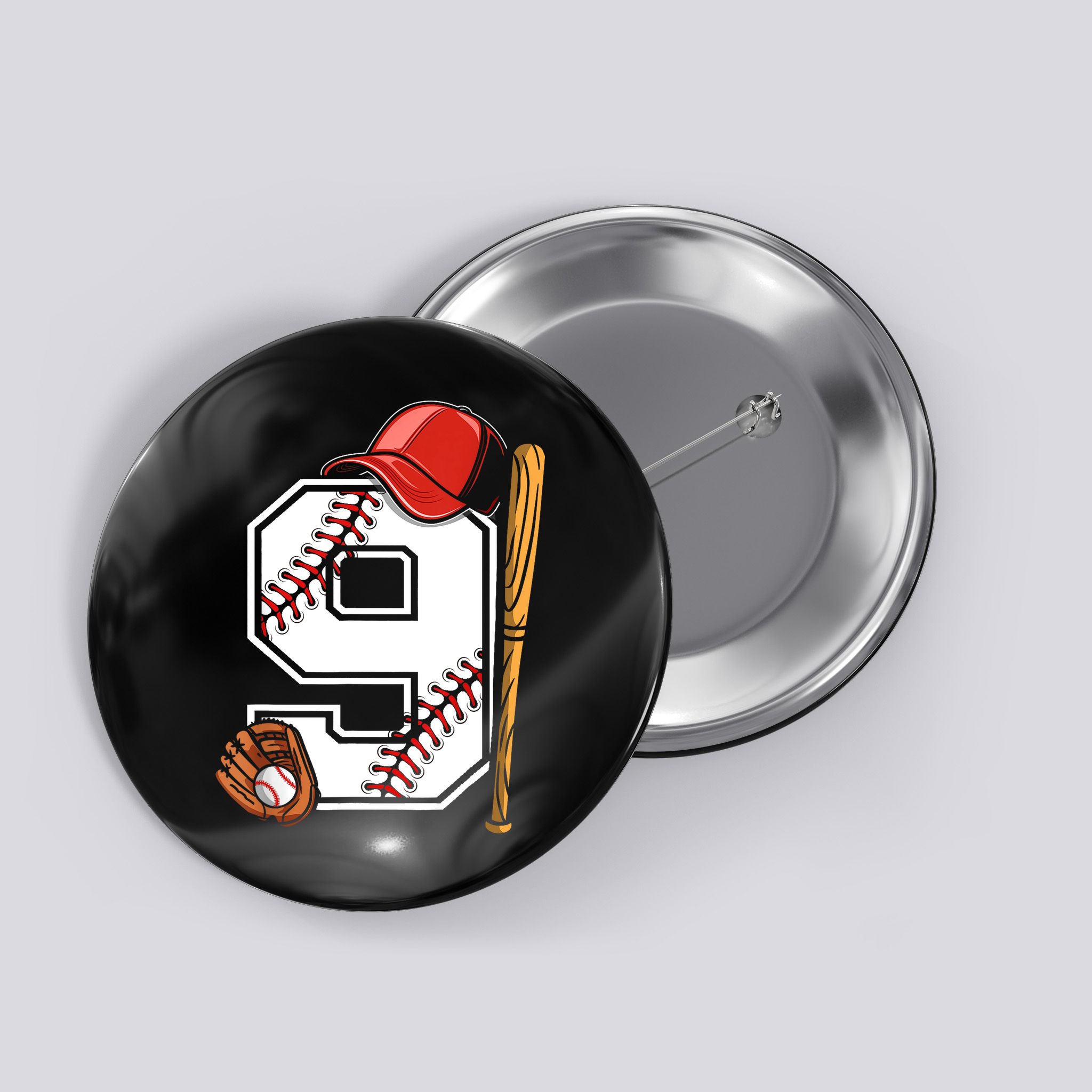 9th Birthday Baseball Big Number Nine 9 Year Old Boy Gir Button