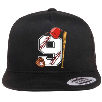 9th Birthday Baseball Big Number Nine 9 Year Old Boy Gir Flat Bill Trucker Hat