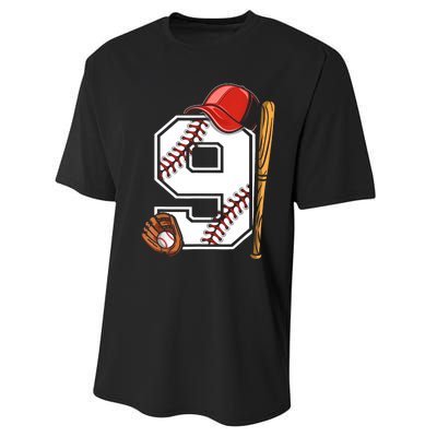 9th Birthday Baseball Big Number Nine 9 Year Old Boy Gir Performance Sprint T-Shirt