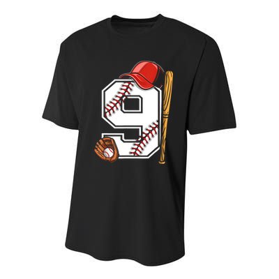 9th Birthday Baseball Big Number Nine 9 Year Old Boy Gir Youth Performance Sprint T-Shirt
