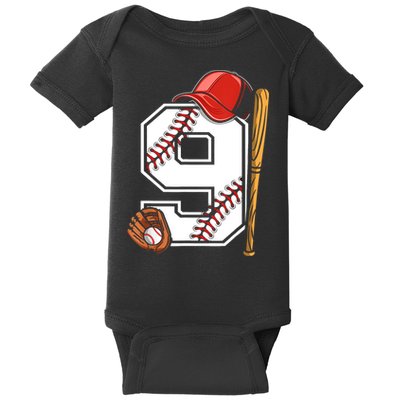 9th Birthday Baseball Big Number Nine 9 Year Old Boy Gir Baby Bodysuit