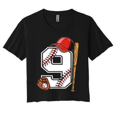 9th Birthday Baseball Big Number Nine 9 Year Old Boy Gir Women's Crop Top Tee