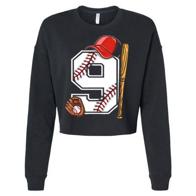 9th Birthday Baseball Big Number Nine 9 Year Old Boy Gir Cropped Pullover Crew