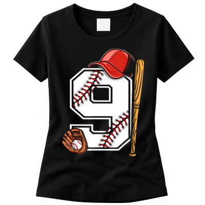 9th Birthday Baseball Big Number Nine 9 Year Old Boy Gir Womens T-Shirt
