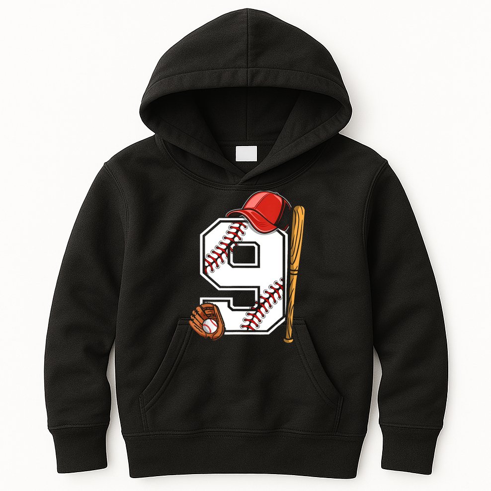 9th Birthday Baseball Big Number Nine 9 Year Old Boy Gir Kids Hoodie