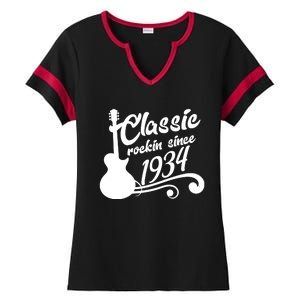 90th Birthday Classic Rockin Since 1934 Ladies Halftime Notch Neck Tee