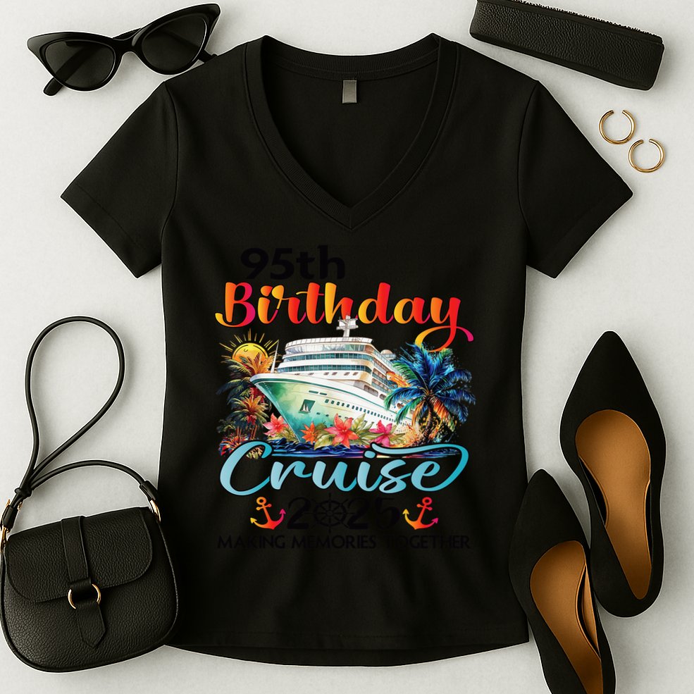 95th Birthday Cruise 2025 Family Cruise Vacation Birthday Women's V-Neck T-Shirt