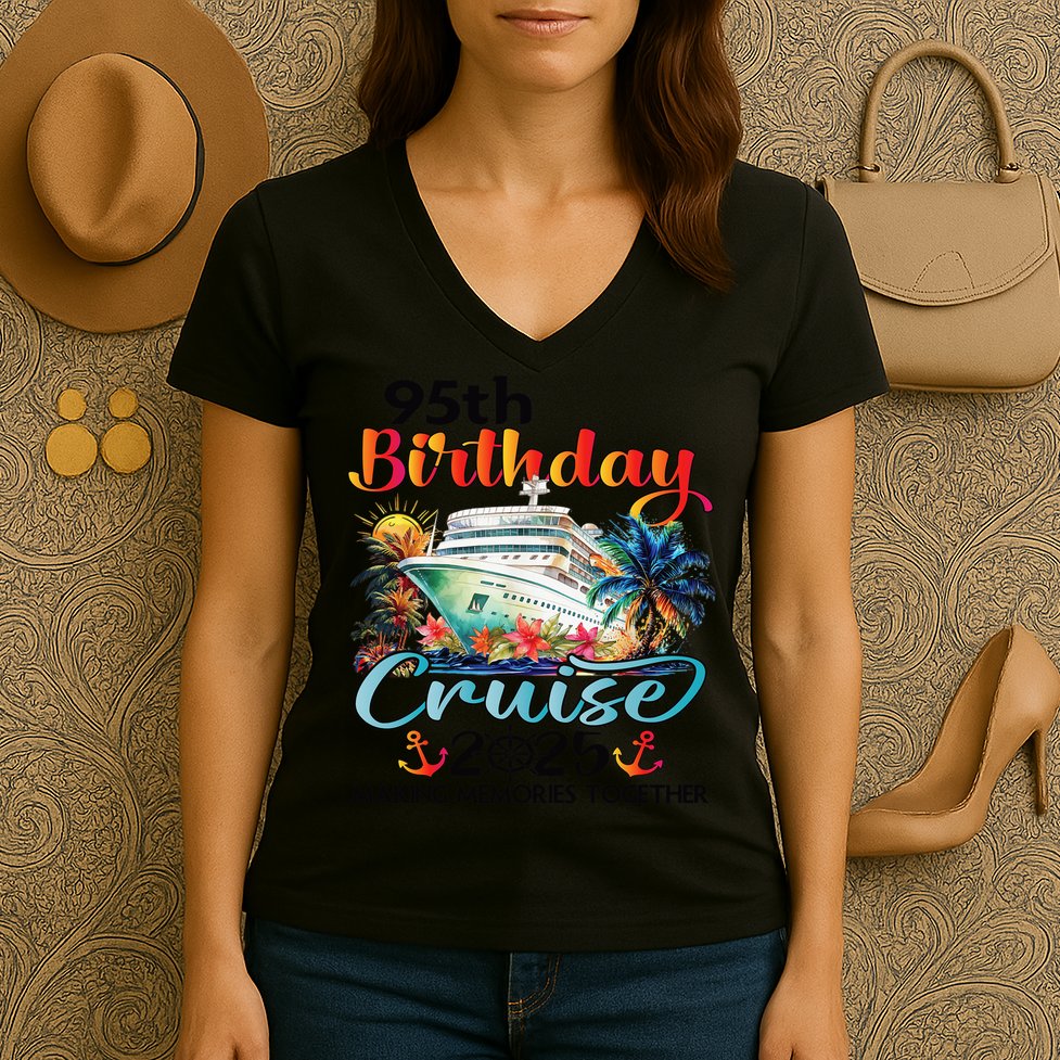 95th Birthday Cruise 2025 Family Cruise Vacation Birthday Women's V-Neck T-Shirt
